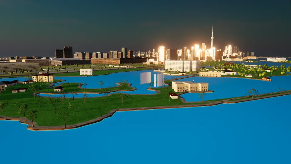 Ontario Place and the Cinesphere on the lake, rendered in the app
