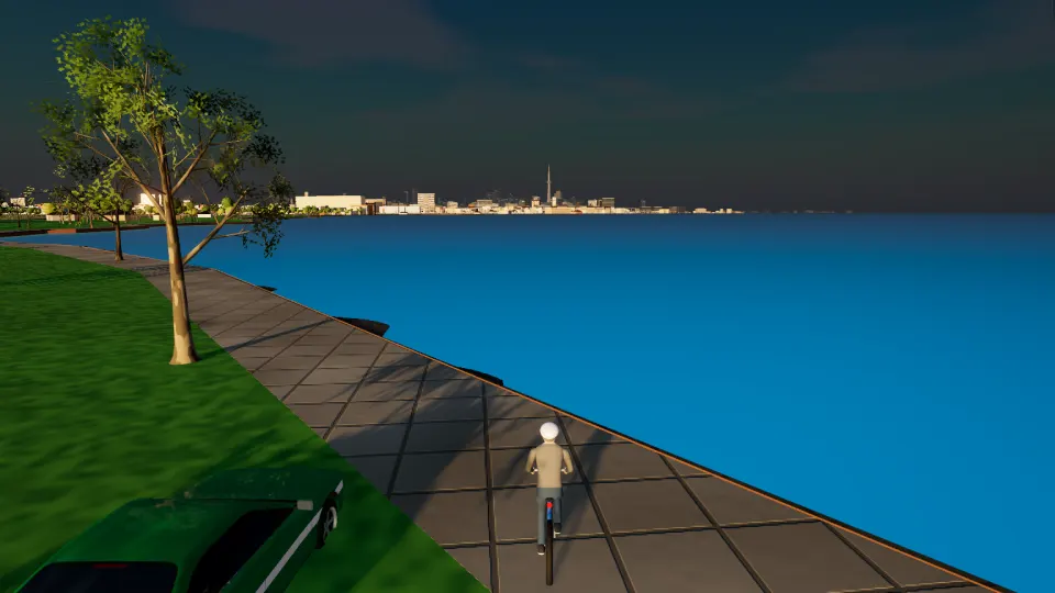 A cyclist on the waterfront, rendered in the app