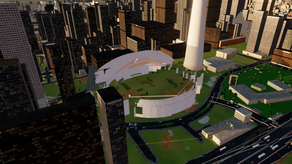 Rogers Centre at the foot of the CN Tower, rendered in the app